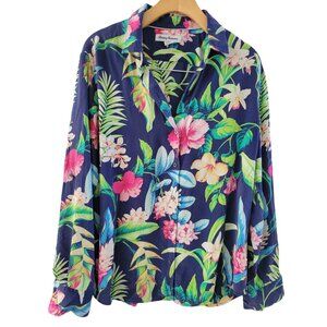 Tommy Bahama Womens Blue Tropical Print 100% Silk blouse size Medium resort wear
